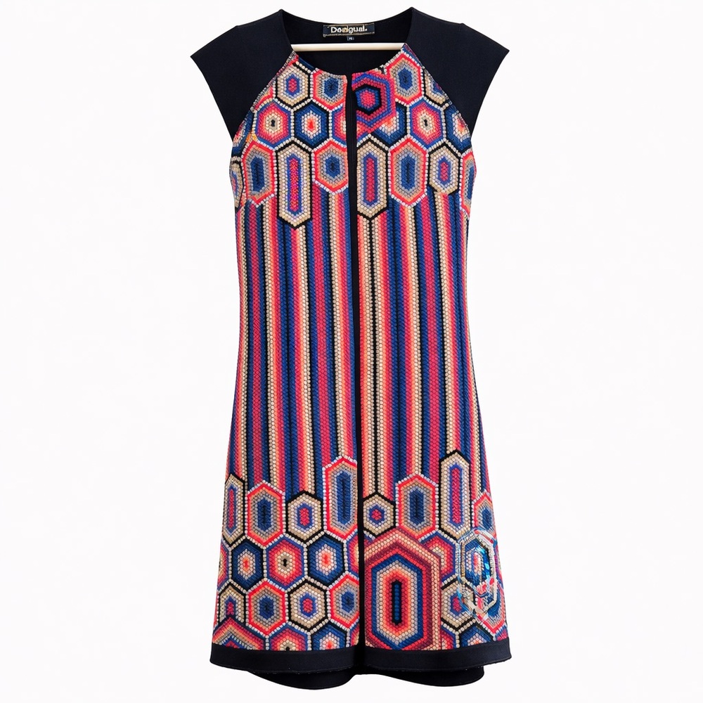 Desigual Geometric Print Shift Dress Sleeveless Colorful Mod Boho Dress